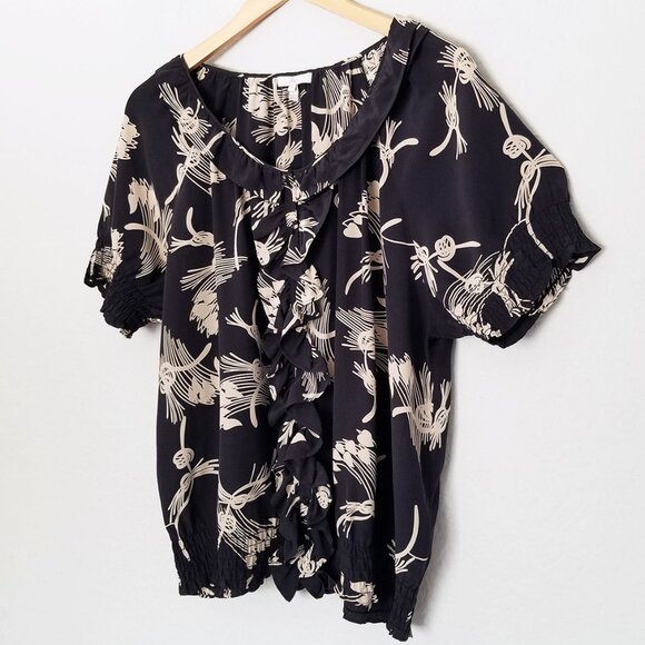 Joie Black Tan Beige Abstract Floral Ruffle 100% Silk Short Sleeve Blouse Top L - Picture 2 of 14